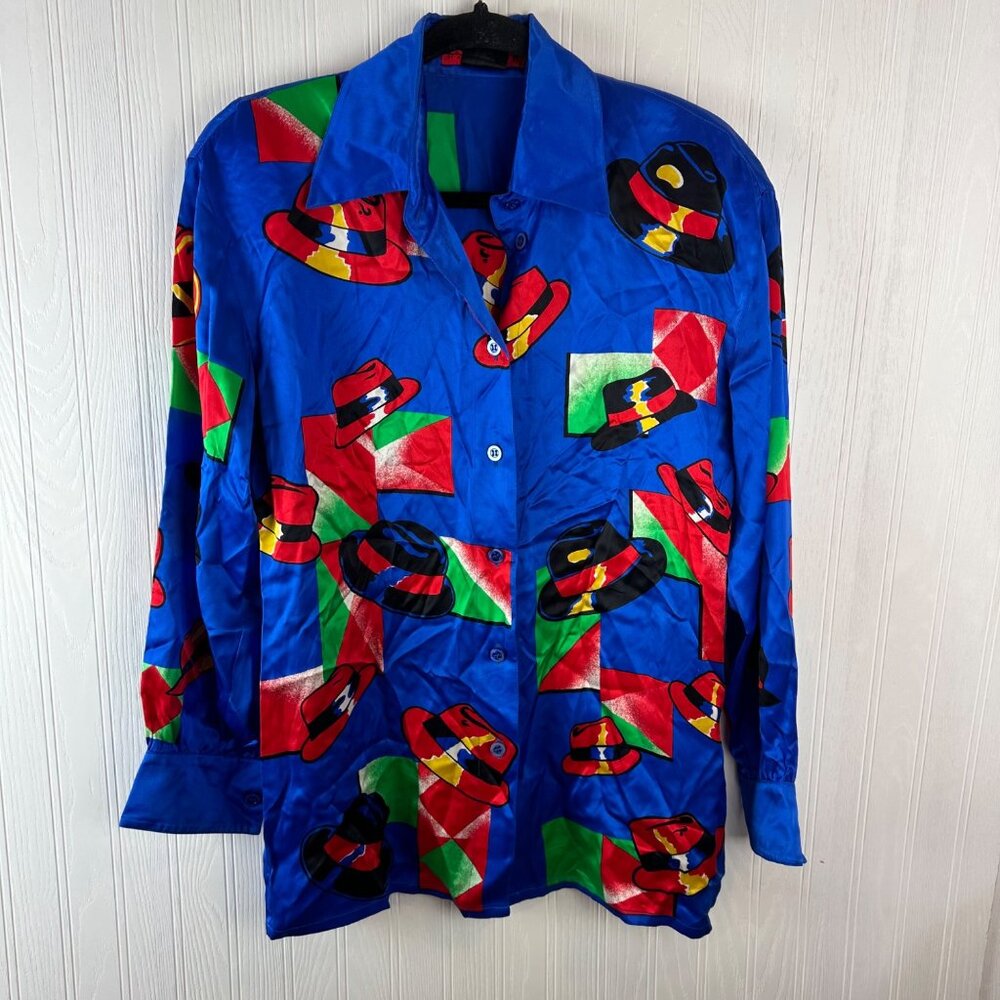 Escada Vintage Silk Blouse Fedora Print Blue